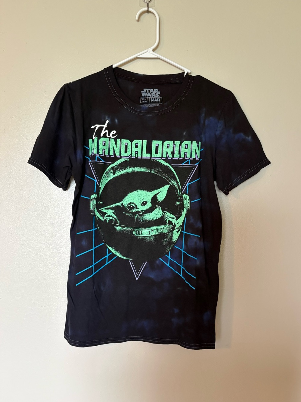 Star Wars The Mandalorian Black Tie-Dye Tee with Neon Green & Teal Graphic